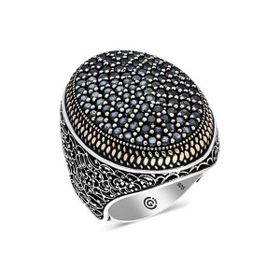 Gumush T6360 Siyah Zirkon Taşlı Oval Erkek Gümüş Yüzük