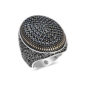 Gumush T6360 Siyah Zirkon Taşlı Oval Erkek Gümüş Yüzük