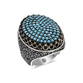 Gumush T6365 Turkuaz Zirkon Taşlı Oval Erkek Gümüş Yüzük