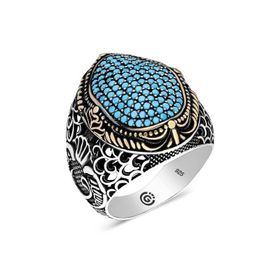 Gumush T6365 Turkuaz Zirkon Taşlı Oval Erkek Gümüş Yüzük