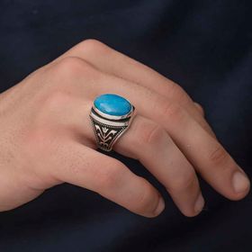 Gumush T6365 Turkuaz Zirkon Taşlı Oval Erkek Gümüş Yüzük