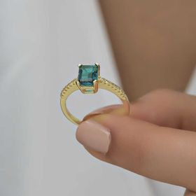 Gumush T6546 PB Yeşil Baget Taşlı Kadın Gümüş Yüzük