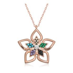 Gumush T6596 ​Rose Renkli Taşlı Çiçek Kadın Gümüş Kolye