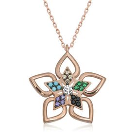 Gumush T6596 ​Rose Renkli Taşlı Çiçek Kadın Gümüş Kolye