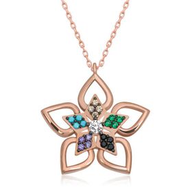 Gumush T6596 ​Rose Renkli Taşlı Çiçek Kadın Gümüş Kolye