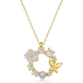 Gumush T6845 Gold Manolya Çiçeği Kelebek Kadın Gümüş Kolye