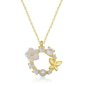 Gumush T6845 Gold Manolya Çiçeği Kelebek Kadın Gümüş Kolye