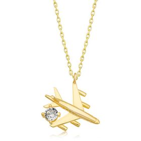 Gumush T6854 Gold Tek Taşlı Uçak Gümüş Kadın Kolye