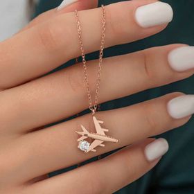 Gumush T6855 Rose Tek Taşlı Uçak Gümüş Kadın Kolye