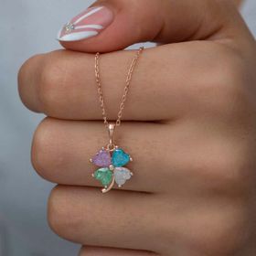Gumush T6919 Rose Renkli Taşlı Kalp Yonca Kadın Gümüş Kolye
