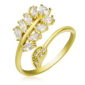 Gumush T7068 Gümüş Gold Ayarlanabilir Beyaz Taşlı Yaprak Kadın Yüzük