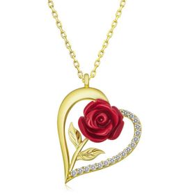 Gumush T7123 Gold Kalpli Kırmızı Gül Kadın Gümüş Kolye
