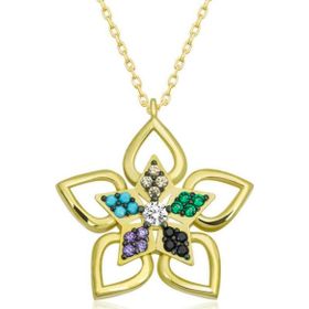 Gumush T7134 ​Gold Renkli Taşlı Çiçek Kadın Gümüş Kolye