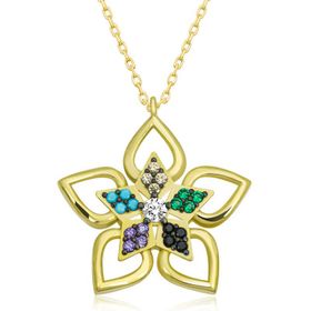 Gumush T7134 ​Gold Renkli Taşlı Çiçek Kadın Gümüş Kolye