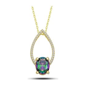 Gumush T7147 Gold Oval Mistik Topaz Taşlı Damla Kadın Gümüş Kolye
