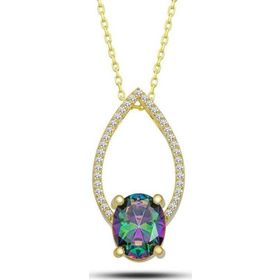Gumush T7147 Gold Oval Mistik Topaz Taşlı Damla Kadın Gümüş Kolye