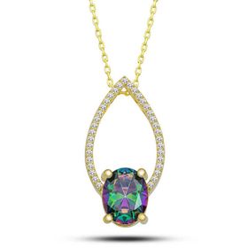 Gumush T7147 Gold Oval Mistik Topaz Taşlı Damla Kadın Gümüş Kolye