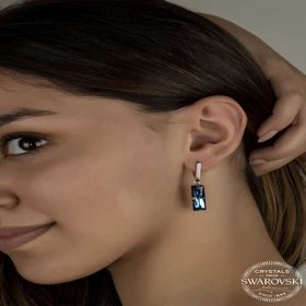Gumush T7167 Swarovski Crystal Taşlı Mavi Baget Sallantılı Kadın Gümüş Küpe