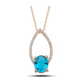 Gumush T7294 Rose Turkuaz Oval Taşlı Kadın Gümüş Kolye