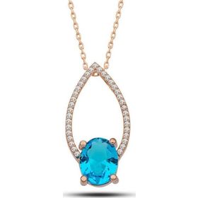 Gumush T7294 Rose Turkuaz Oval Taşlı Kadın Gümüş Kolye