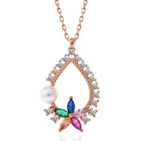 Gumush T7359 Rose Renkli Taşlı Çiçekli Kadın Gümüş Kolye