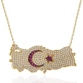 Gumush T7370 Gümüş Gold Ay Yıldız Türkiye Haritası Kadın Kolye