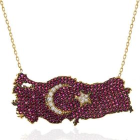 Gumush T7370 Gümüş Gold Ay Yıldız Türkiye Haritası Kadın Kolye