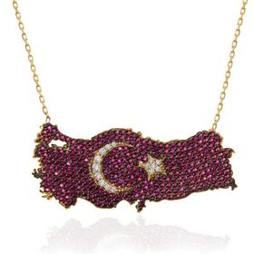 Gumush T7370 Gümüş Gold Ay Yıldız Türkiye Haritası Kadın Kolye