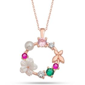 Gumush T7451 Rose Manolya Çiçeği Kelebek Kadın Gümüş Kolye
