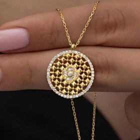 Gumush T7489 ​Gümüş Gold Zirkon Taşlı Çiçek Kadın Kolye