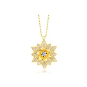 Gumush T7537 Gold Beyaz Taşlı Lotus Çiçeği Kadın Gümüş Kolye