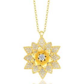Gumush T7537 Gold Beyaz Taşlı Lotus Çiçeği Kadın Gümüş Kolye