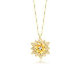 Gumush T7537 Gold Beyaz Taşlı Lotus Çiçeği Kadın Gümüş Kolye