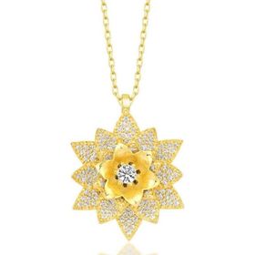 Gumush T7537 Gold Beyaz Taşlı Lotus Çiçeği Kadın Gümüş Kolye