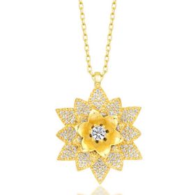 Gumush T7537 Gold Beyaz Taşlı Lotus Çiçeği Kadın Gümüş Kolye