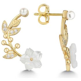 Gumush T7548 Gold Sedef Çiçek Çivili Kadın Gümüş Küpe