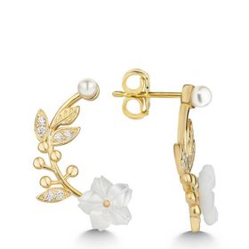 Gumush T7548 Gold Sedef Çiçek Çivili Kadın Gümüş Küpe