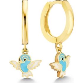 Gumush T7553 Gold Mavi Renkli Sallantılı Kuş Kadın Gümüş Küpe
