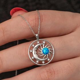 Gumush T7612 Opal Mavi Taşlı Ay Güneş Kadın Gümüş Kolye