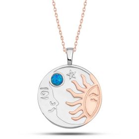 Gumush T7613 Rose Opal Mavi Taşlı Ay Güneş Kadın Gümüş Kolye