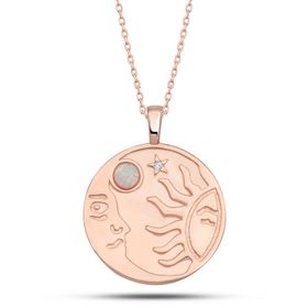 Gumush T7614 Rose Opal Beyaz Taşlı Ay Güneş Kadın Gümüş Kolye