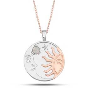 Gumush T7615 Rose Opal Beyaz Taşlı Ay Güneş Kadın Gümüş Kolye