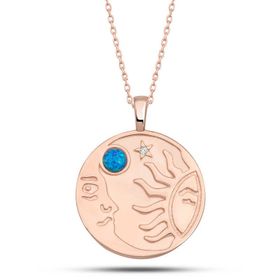Gumush T7617 Rose Opal Mavi Taşlı Ay Güneş Kadın Gümüş Kolye