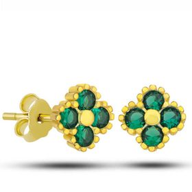 Gumush T7624 Gold Yonca Çivili Yeşil Taşlı Çocuk Gümüş Küpe