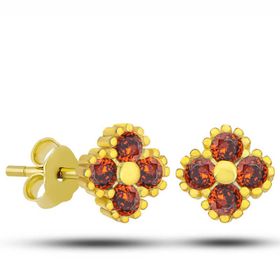 Gumush T7626 Gold Yonca Çivili Kırmızı Taşlı Çocuk Gümüş Küpe