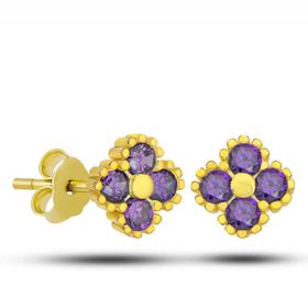 Gumush T7627 Gold Yonca Çivili Mor Taşlı Çocuk Gümüş Küpe