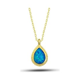 Gumush T7733 Gümüş Gold Damla Mavi Opal Taşlı Kadın Kolye