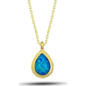 Gumush T7733 Gümüş Gold Damla Mavi Opal Taşlı Kadın Kolye