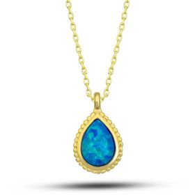 Gumush T7733 Gümüş Gold Damla Mavi Opal Taşlı Kadın Kolye