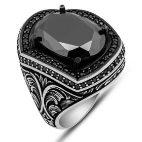 Gumush T7746 Siyah Zirkon Taşlı Oval Erkek Gümüş Yüzük